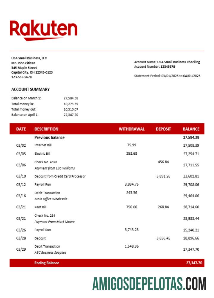 Imprimível Japão Rakuten Business Account Statement Word And PDF model